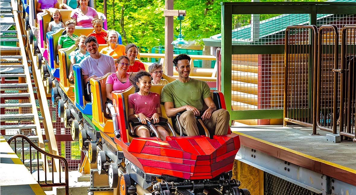 Snoopy's Soap Box Racers family boomerang roller coaster at Kings Island.