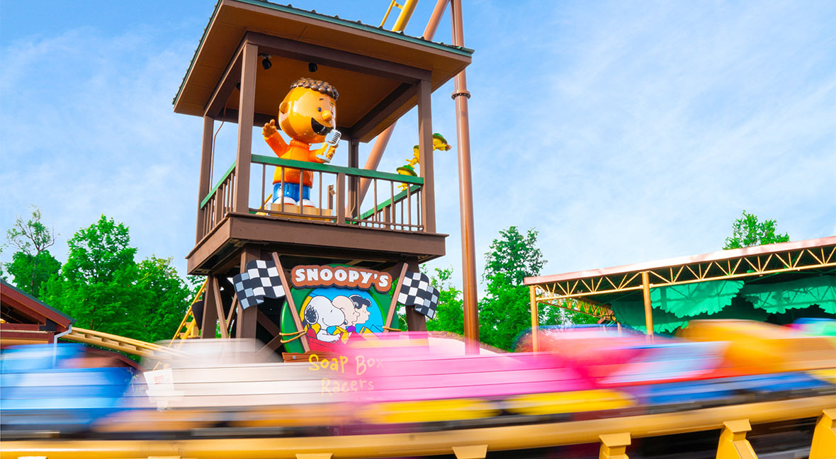 Snoopy's Soap Box Racers family boomerang roller coaster at Kings Island.