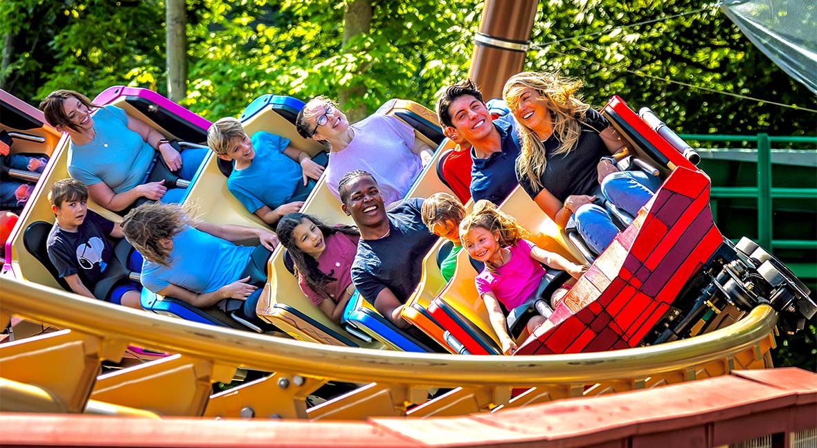 Snoopy's Soap Box Racers family boomerang roller coaster at Kings Island.