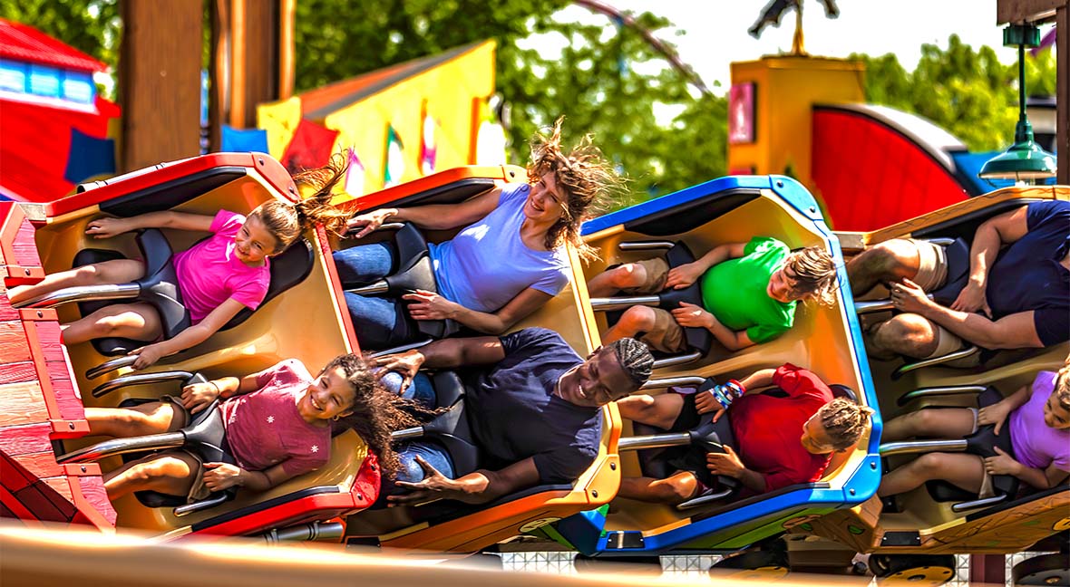 Snoopy's Soap Box Racers family boomerang roller coaster at Kings Island.