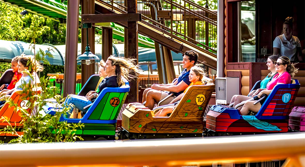 Snoopy's Soap Box Racers family boomerang roller coaster at Kings Island.