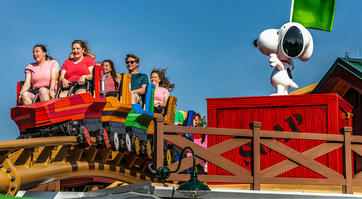 Snoopy's Soap Box Racers family boomerang roller coaster at Kings Island.