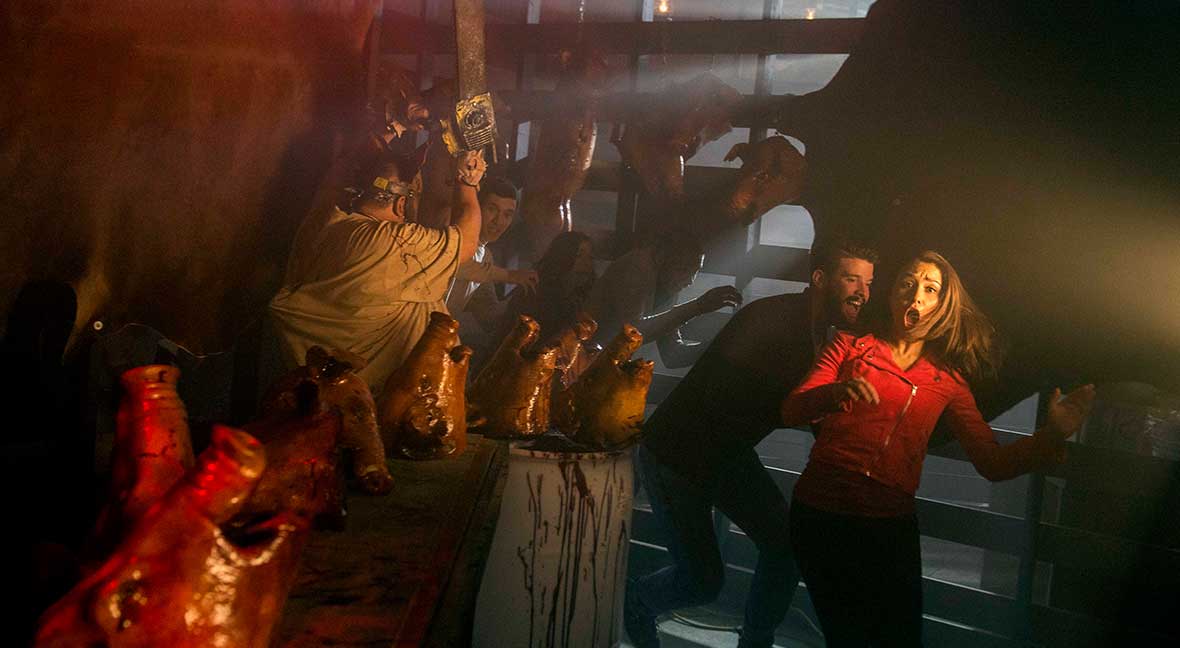 A slaughterhouse-themed haunted house at Kings Island's Halloween event