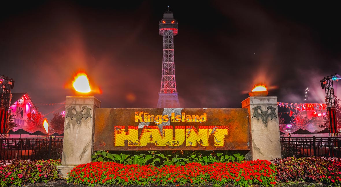 Kings Island Amusement Park's entrance decorated for Halloween Haunt