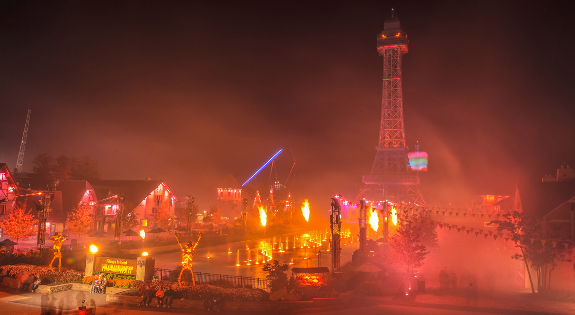 The amusement park covered in Halloween Decorations during the Halloween event